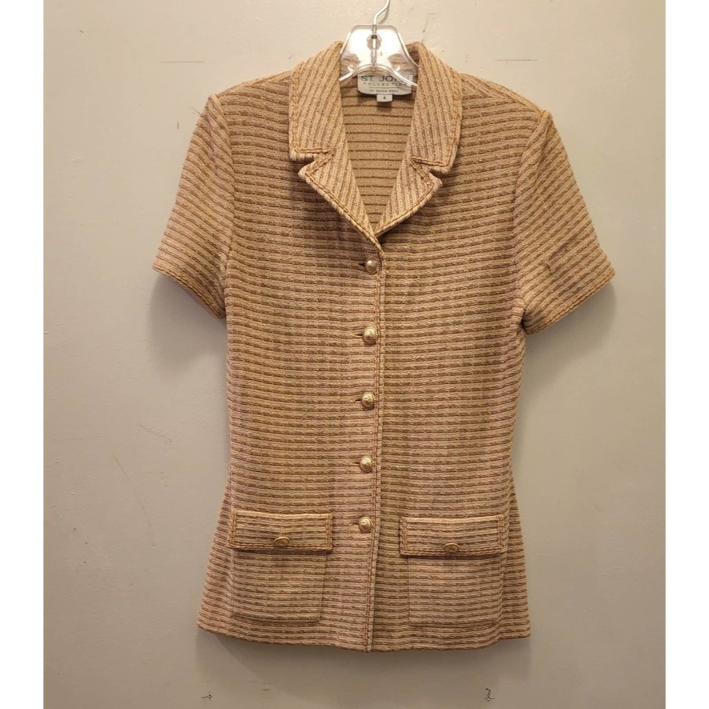 Classic Short-Sleeve Knit Button-Up Top in Beige